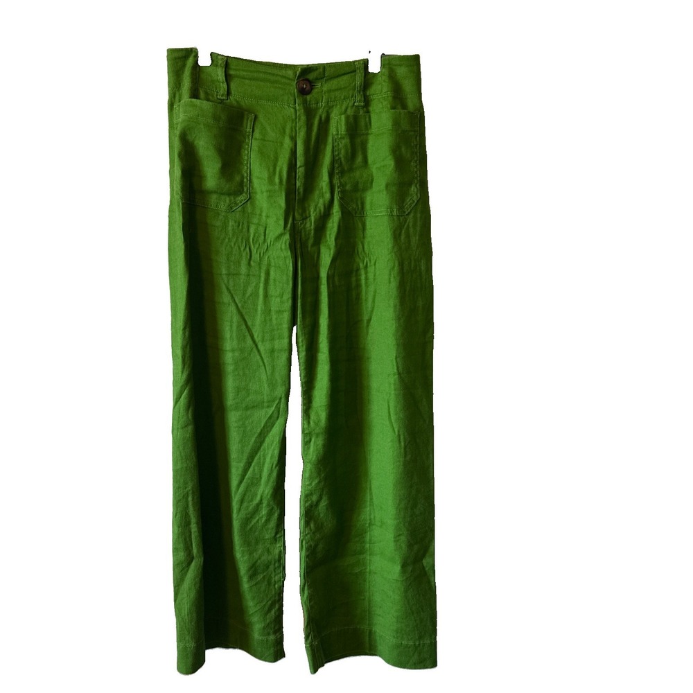 Maeve Anthropologie Colette Green Linen Cropped Wide Leg Women's Pants Size 28